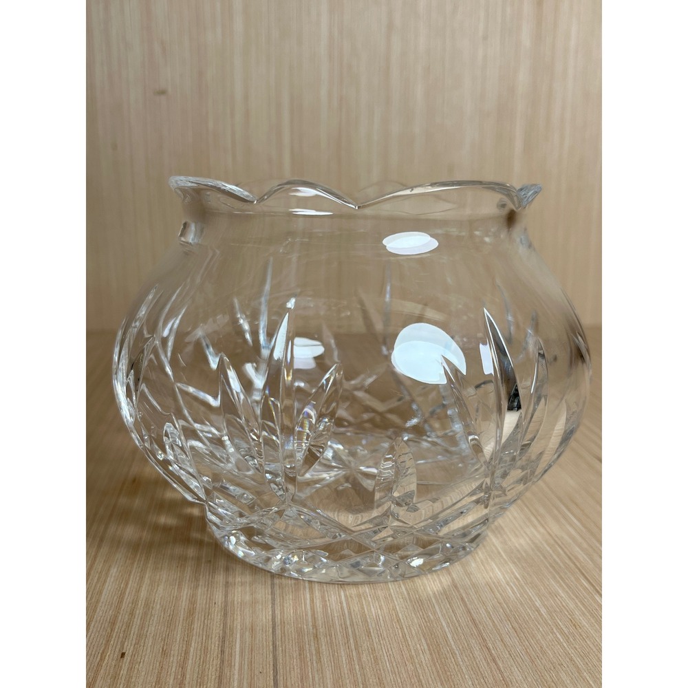 Vintage Bohemian Crystal Rose Bowl Clear Cut Glass Scalloped Rim Vase